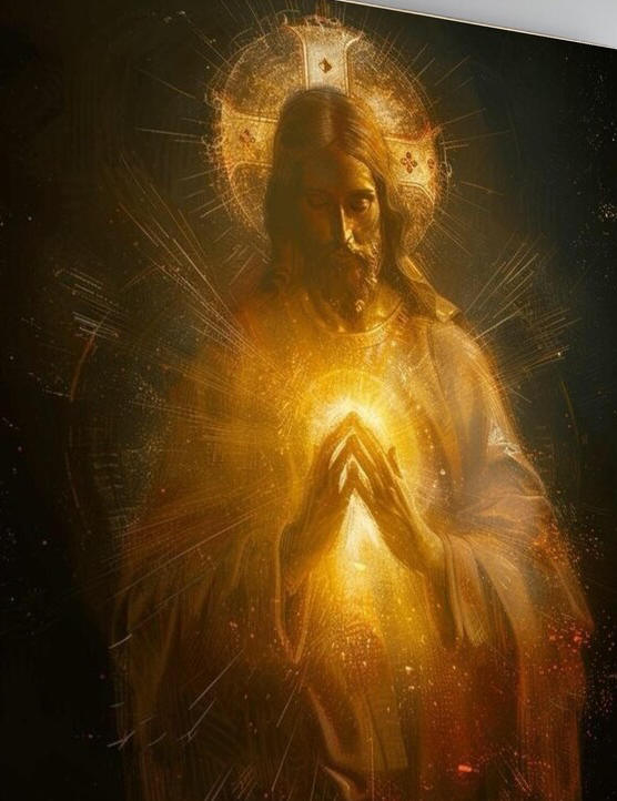 Glowing Sacred Heart Jesus Canvas, Spiritual Christian Wall Art, Religious Home Decor, Divine Light Illustration, Prayerful Christ Canvas image 1