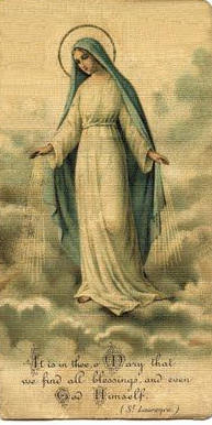 This may contain: an image of the immaculate mary with clouds in the background and words written below it